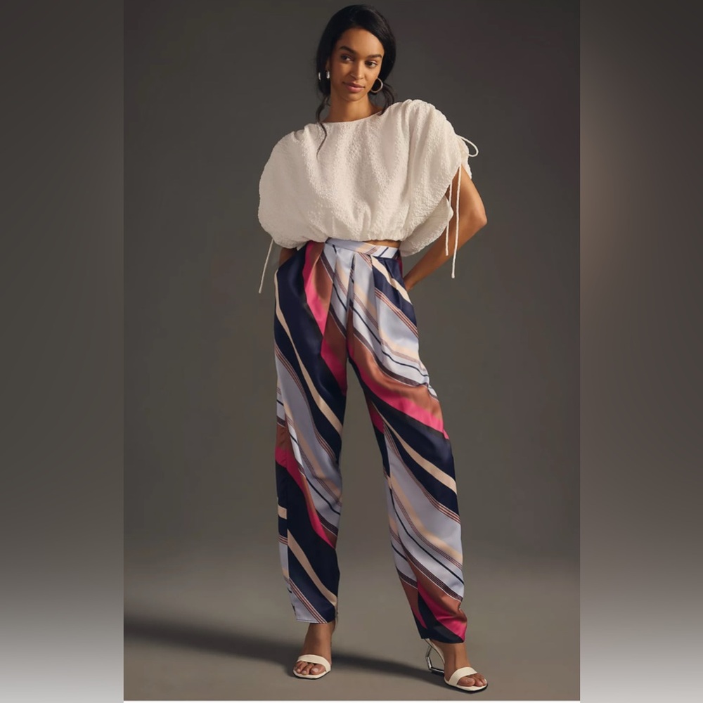 Anthropologie Multicolor Diagonal-Stripe Wide-Leg Pants — Navy, Pink, Cream